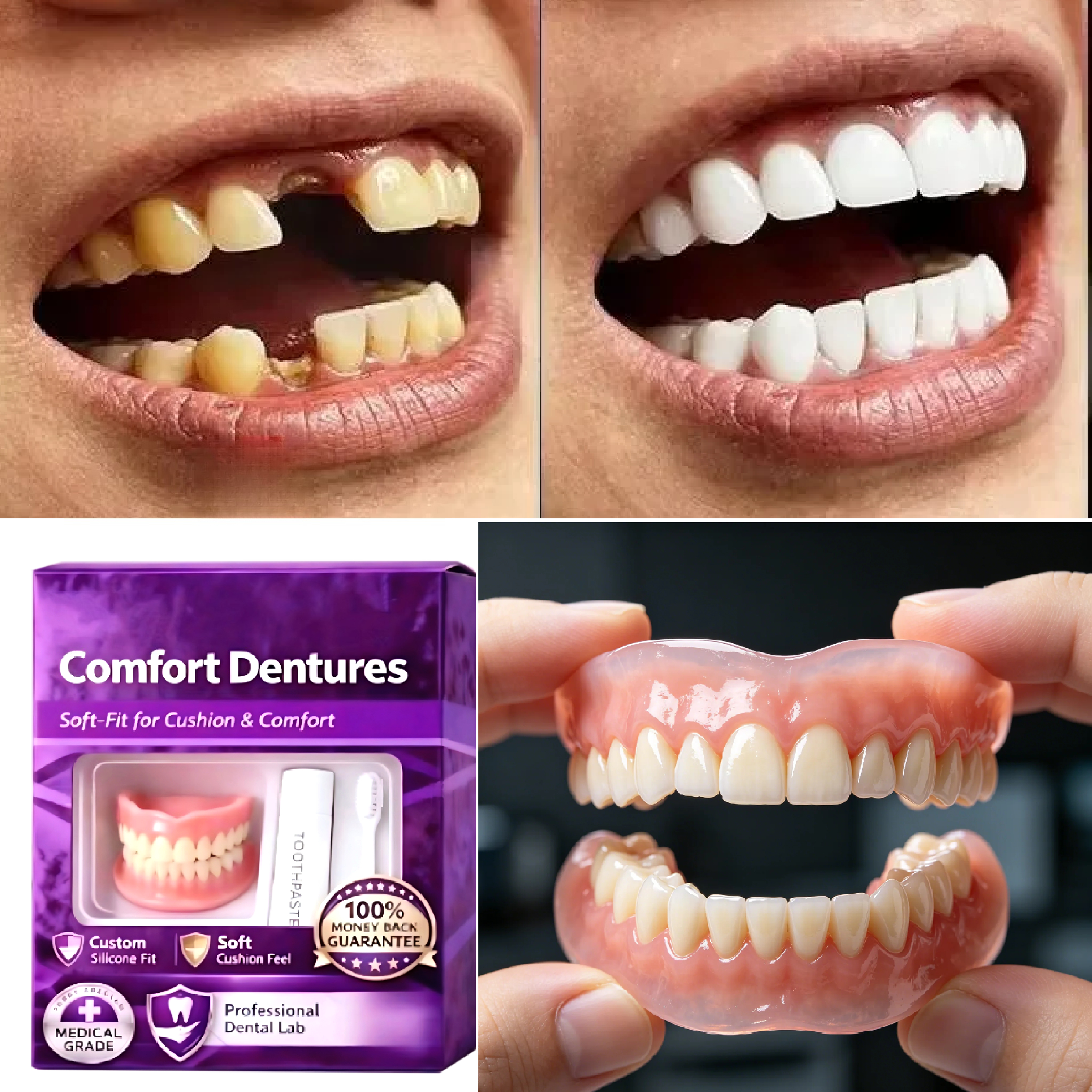 Teeth Whitening Instant - Full Set Natural Dentures Upper &